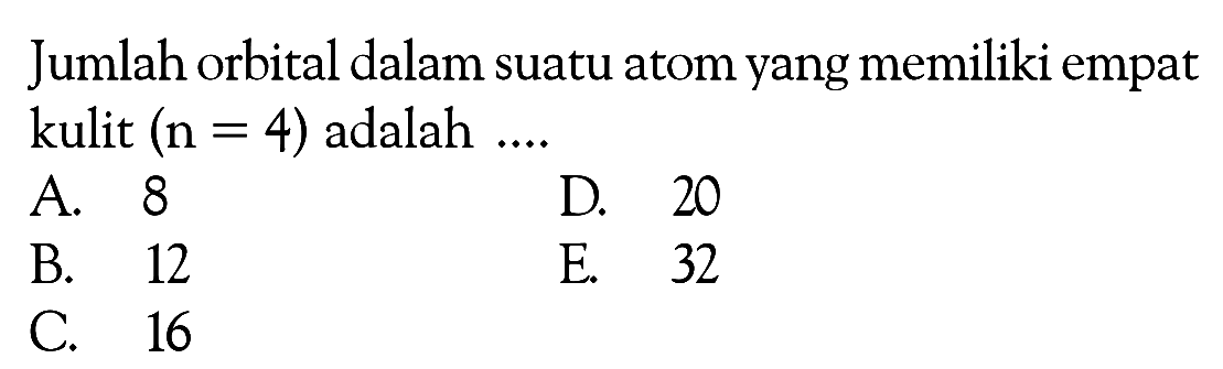 Jumlah orbital dalam suatu atom yang memiliki empat kulit (n = 4) adalah ...