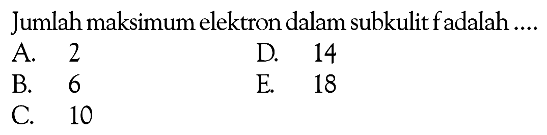 Jumlah maksimum elektron dalam subkulit f adalah ...