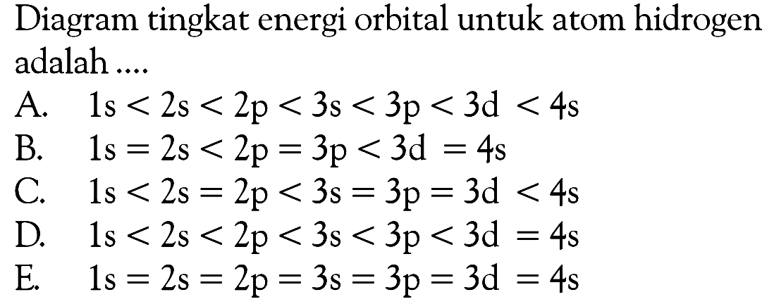 Diagram tingkat energi orbital untuk atom hidrogen adalah ...