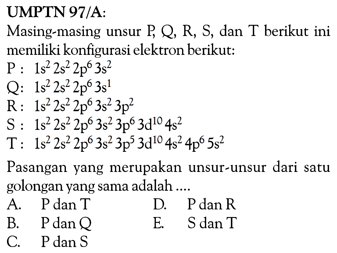 UMPTN 97/A: Masing-masing unsur P, Q, R, S, dan T berikut ini memiliki konfigurasi elektron berikut: P : 1s^2 2s^2 2p^6 3s^2 Q: 1s^2 2s^2 2p^6 3s^1 R: 1s^2 2s^2 2p^6 3s^2 3p^2 S : 1s^2 2s^2 2p^6 3s^2 3p^6 3d^10 4s^2 T: 1s^2 2s^2 2p^6 3s^2 3p^6 3d^10 4s^2 4p^6 5s^2 Pasangan yang merupakan unsur-unsur dari satu golongan yang sama adalah ....