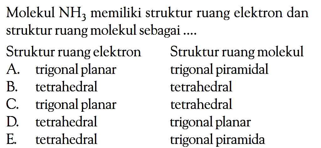 Molekul NH3 memiliki struktur ruang elektron dan struktur ruang molekul sebagai .... Struktur ruang elektron Struktur ruang molekul