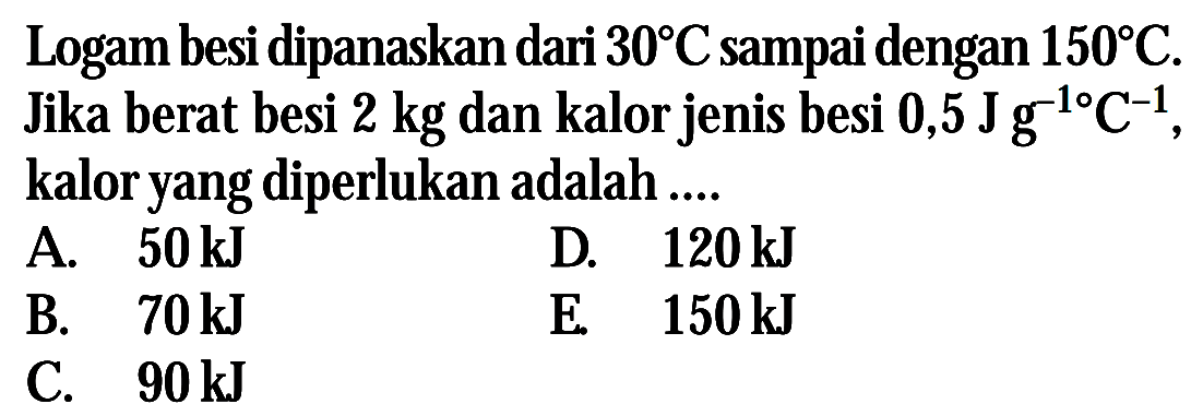 Logam besi dipanaskan dari 30 C sampai dengan 150 C. Jika berat besi 2 kg dan kalor jenis besi 0,5 Jg^-1 C^-1, kalor yang diperlukan adalah....