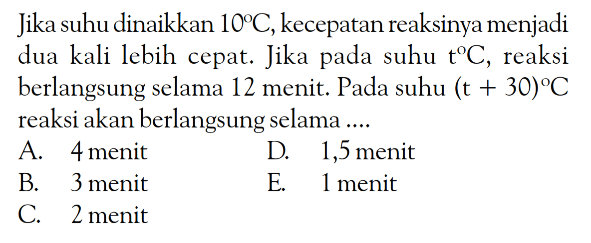 Jika suhu dinaikkan  10 C , kecepatan reaksinya menjadi dua kali lebih cepat. Jika pada suhu  t C , reaksi berlangsung selama 12 menit. Pada suhu  (t+30) C  reaksi akan berlangsung selama ....