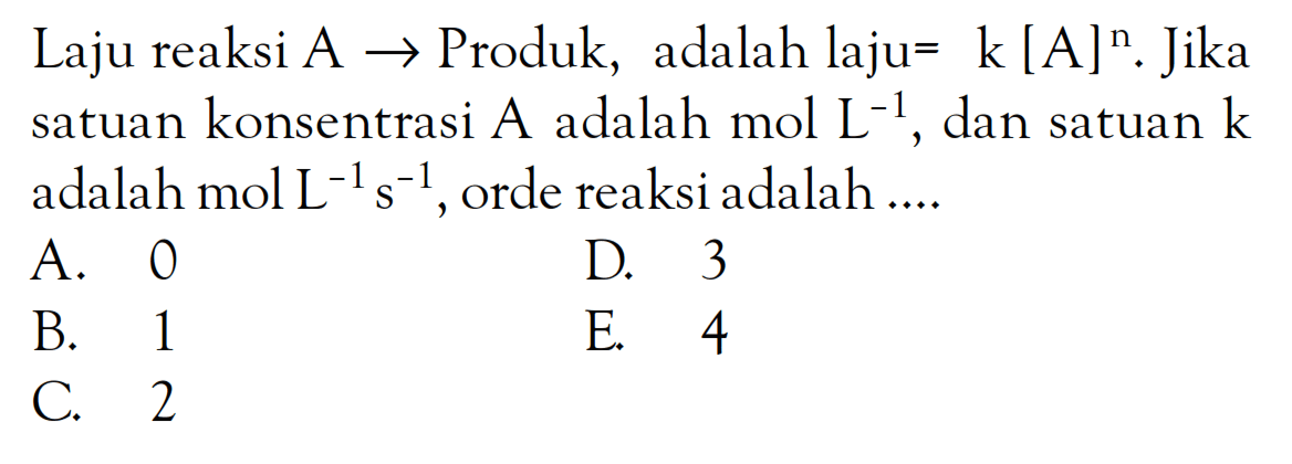 Laju reaksi A -> Produk, adalah laju = k [A]^n. Jika satuan konsentrasi A adalah mol L^(-1) dan satuan k adalah mol L^(-1) s^(-1), orde reaksi adalah ....