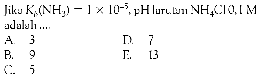 Jika Kb((NH3)=1 x 10^(-5), pH larutan NH4Cl 0,1M adalah ....