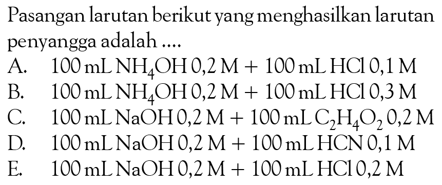 Pasangan larutan berikut yang menghasilkan larutan penyangga adalah....