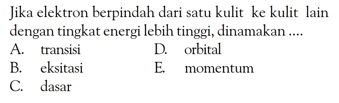 Jika elektron berpindah dari satu kulit ke kulit lain dengan tingkat energi lebih tinggi, dinamakan ....