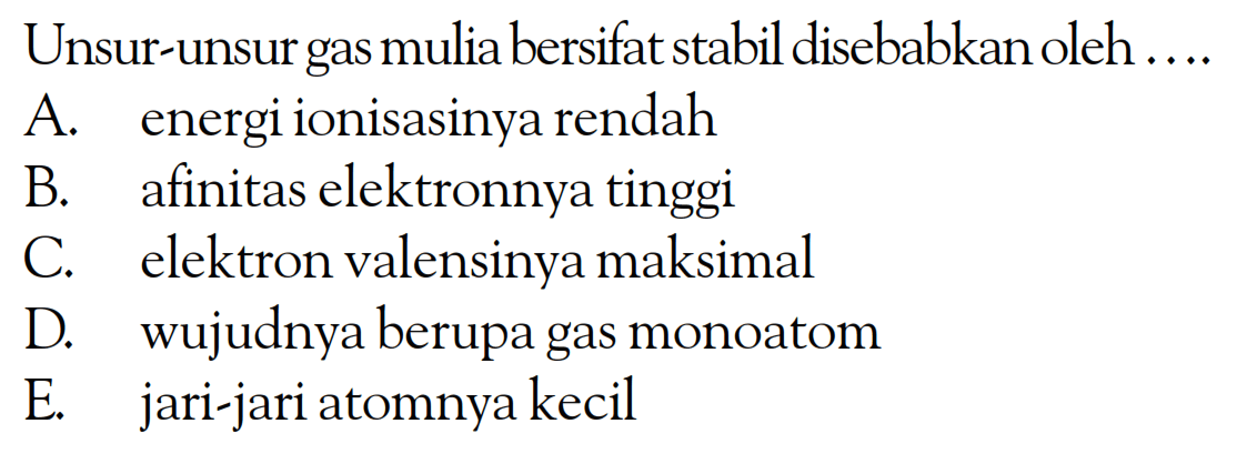 Unsur-unsur gas mulia bersifat stabil disebabkan oleh ...