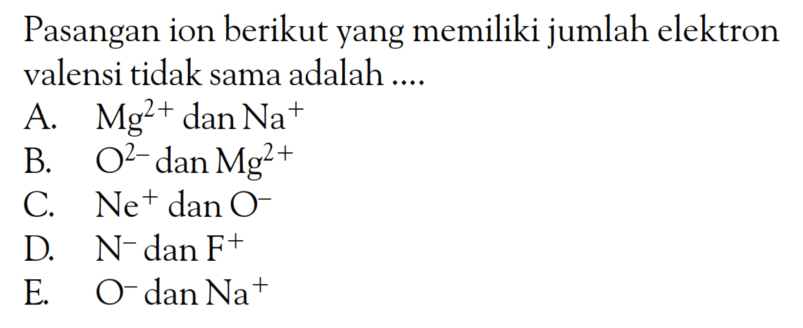 Pasangan ion berikut yang memiliki jumlah elektron valensi tidak sama adalah ....