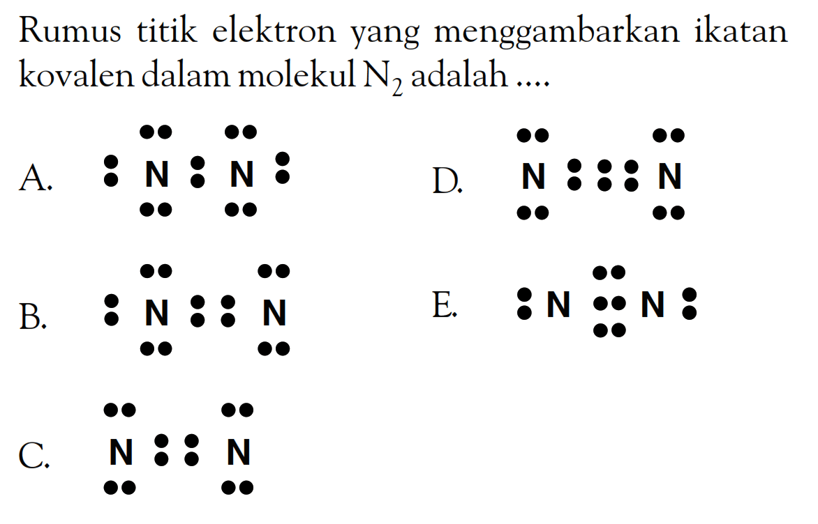 Rumus titik elektron yang menggambarkan ikatan kovalen dalam molekul N2 adalah ....