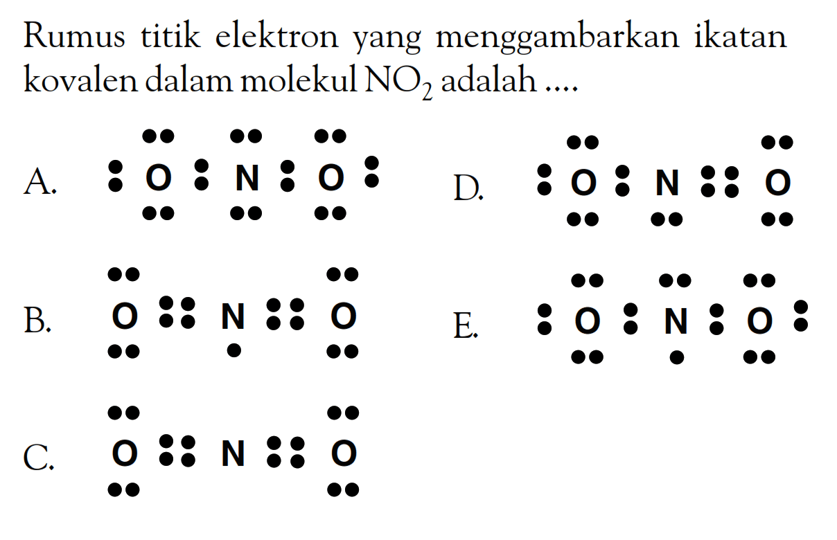 Rumus titik elektron yang menggambarkan ikatan kovalen dalam molekul NO2 adalah ....