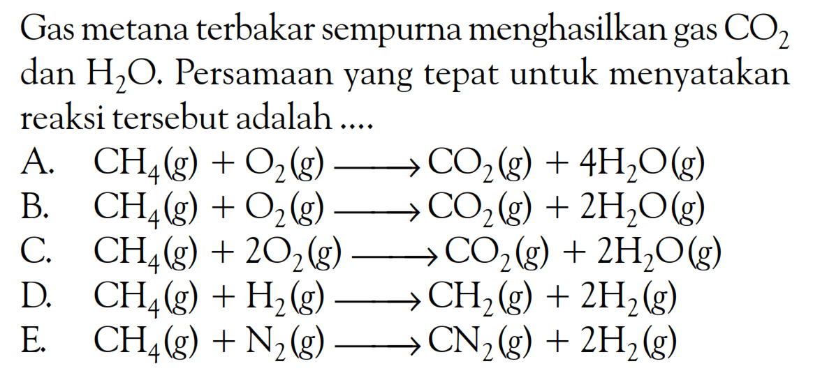 Gas metana terbakar sempurna menghasilkan gas  CO2  dan  H2O. Persamaan yang tepat untuk menyatakan reaksi tersebut adalah .... 