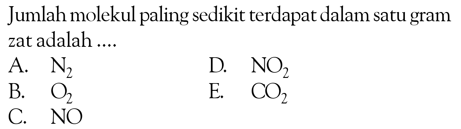 Jumlah molekul paling sedikit terdapat dalam satu gram zat adalah .... A. N2 D. NO2 B. O2 E. CO2 C. NO