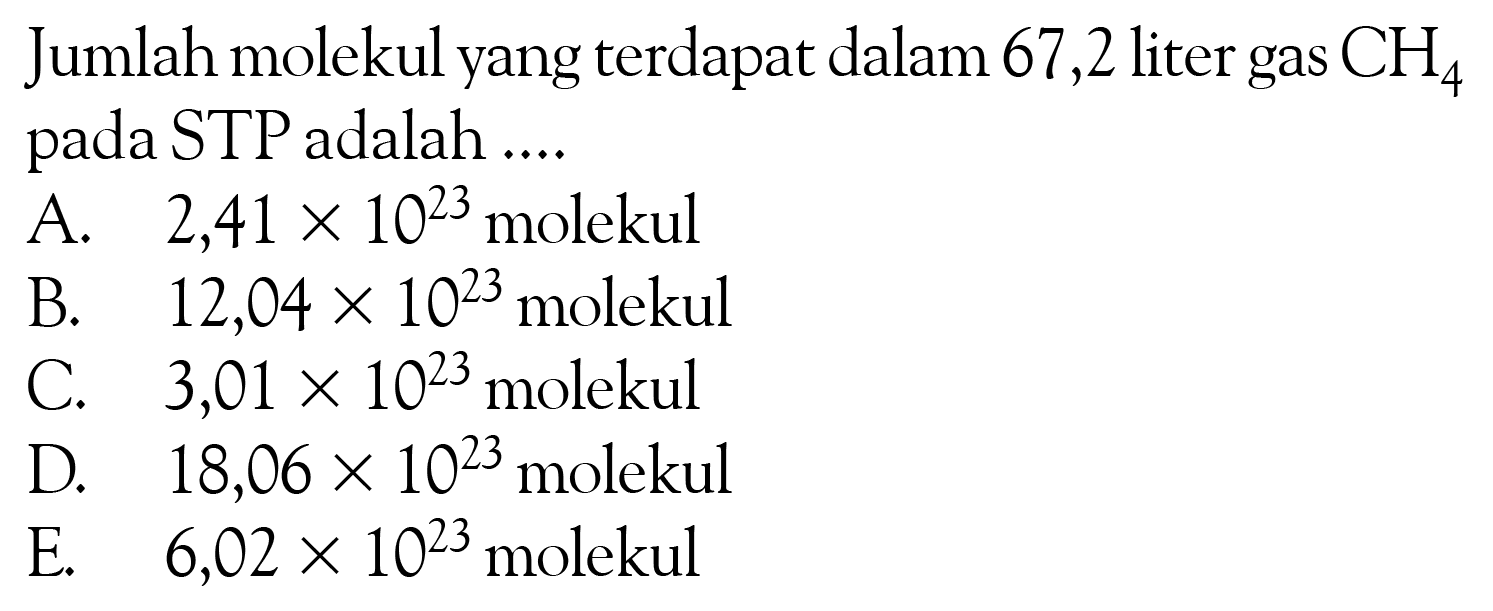 Jumlah molekul yang terdapat dalam 67,2 liter gas CH4pada STP adalah ...