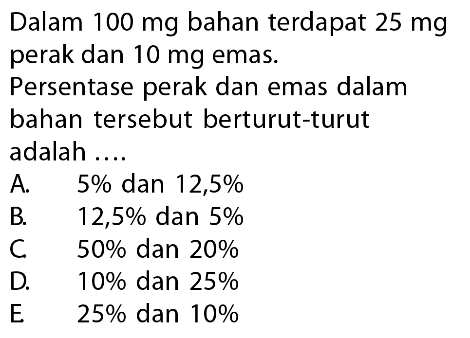 Dalam 100 mg bahan terdapat 25 mg perak dan 10 mg emas. Persentase perak dan emas dalam bahan tersebut berturut-turut adalah  .... .