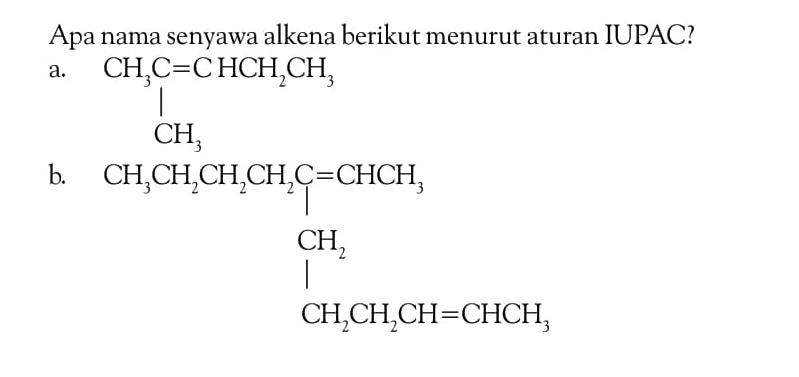 Apa nama senyawa alkena berikut menurut aturan IUPAC? a. CH3C = C HCH2CH3 CH3 b. CH3CH2CH2CH2C = CHCH3 CH2 CH2CH2CH = CHCH3