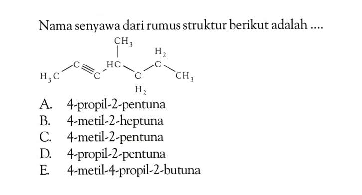 Nama senyawa dari rumus struktur berikut adalah .... CH3 H3C - C = C - HC - CH2 - CH2 - CH3