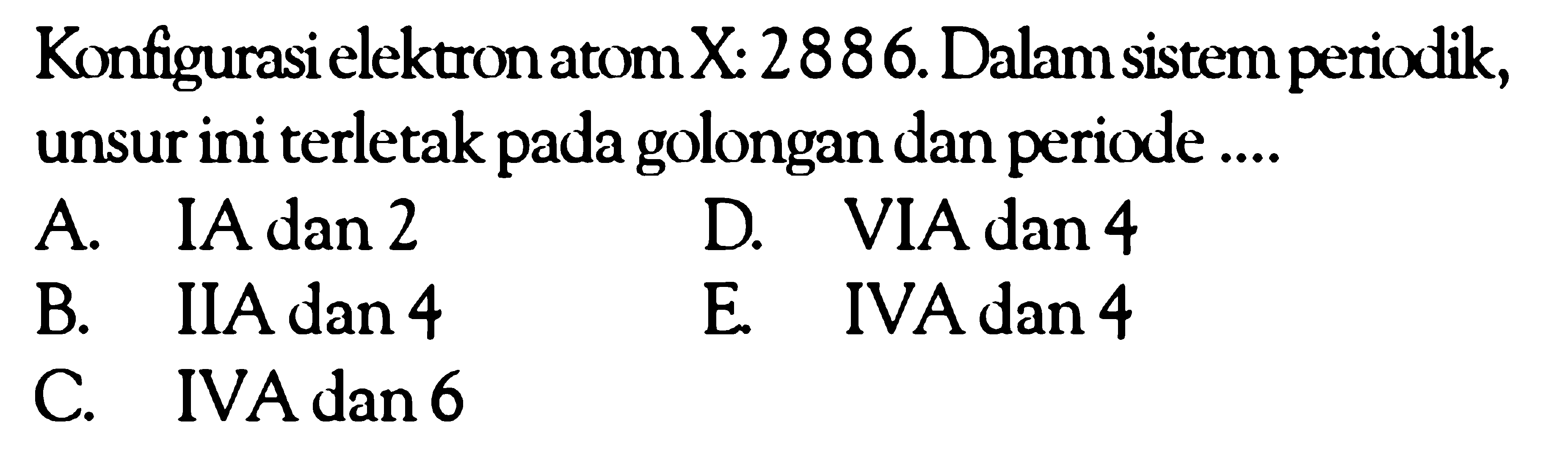 Konfigurasi elektron atom X: 2886. Dalam sistem eriodik, unsur ini terletak pada golongan periode ....