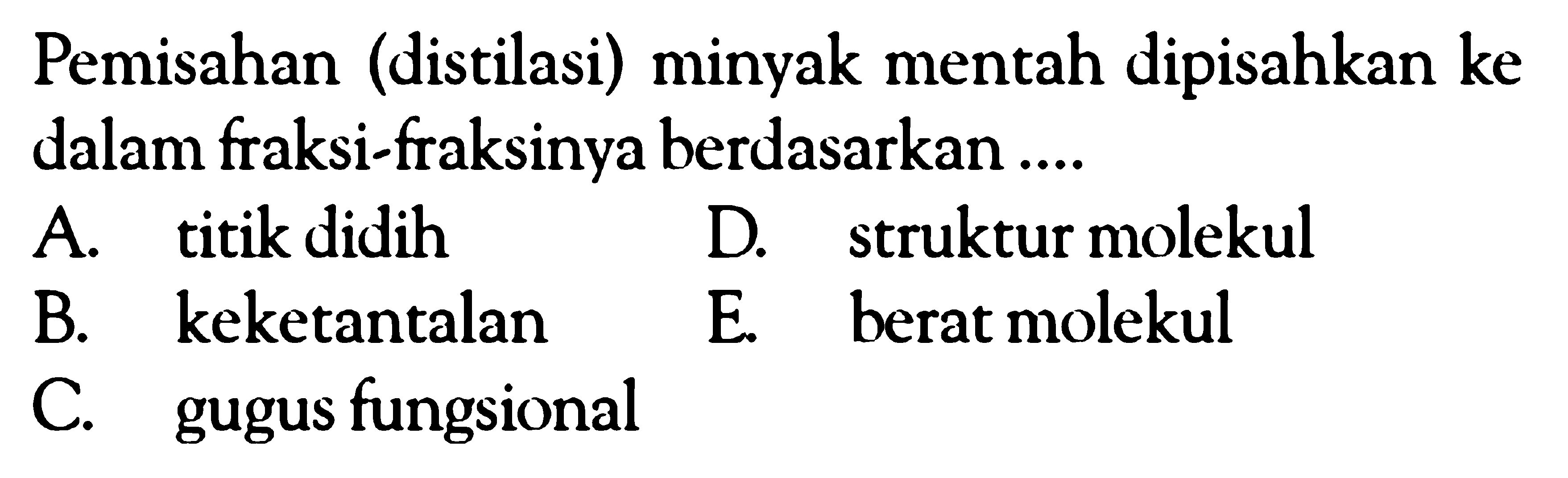 Pemisahan (distilasi) minyak mentah dipisahkan ke dalam fraksi-fraksinya berdasarkan ....