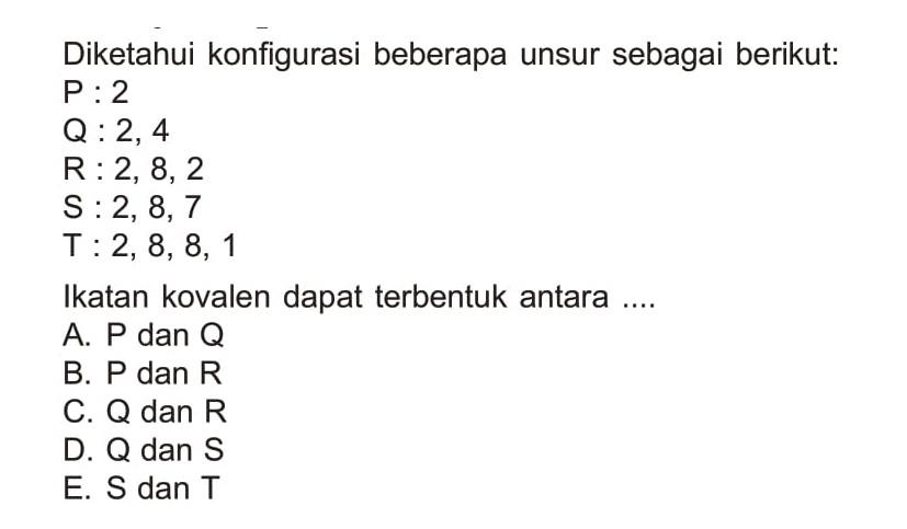 Diketahui konfigurasi beberapa unsur sebagai berikut:P : 2 Q : 2, 4R : 2, 8, 2S :  2,8,7 T : 2, 8, 8, 1Ikatan kovalen dapat terbentuk antara ....