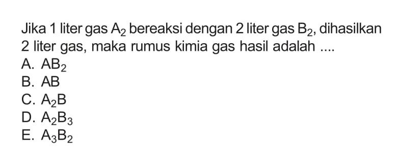 Jika 1 liter gas A2 bereaksi dengan 2 liter gas B2, dihasilkan 2 liter gas, maka rumus kimia gas hasil adalah ....