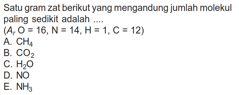 Satu gram zat berikut yang mengandung jumlah molekul paling sedikit adalah ....(Ar O=16, N=14, H=1, C=12) 