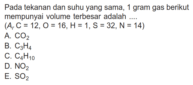 Pada tekanan dan suhu yang sama, 1 gram gas berikut mempunyai volume terbesar adalah .... (ArC=12, O=16, H=1, S=32, N=14) 