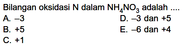 Bilangan oksidasi N dalam NH4NO3 adalah .... 