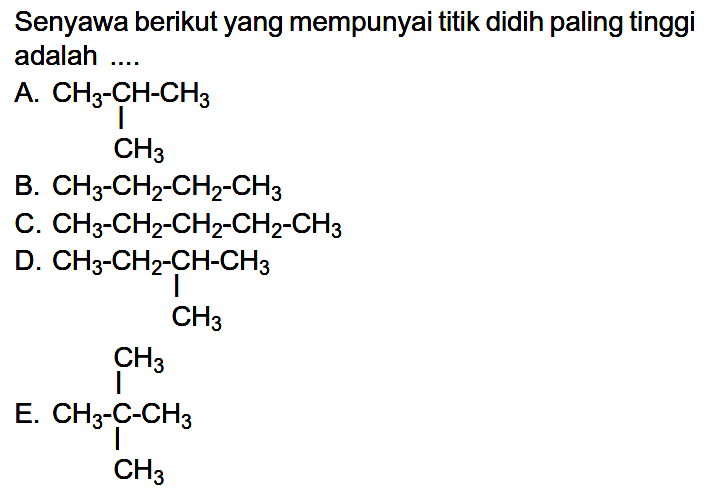 Senyawa berikut yang mempunyai titik didih paling tinggi adalah .... 