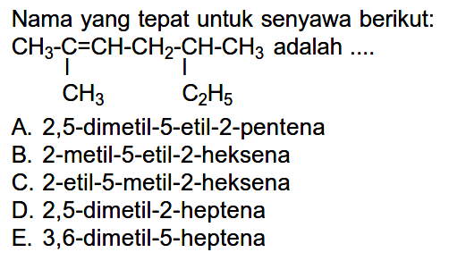 Nama yang tepat untuk senyawa berikut:CH3-C=CH-CH2-CH-CH3 CH3 C2H5 adalah ....