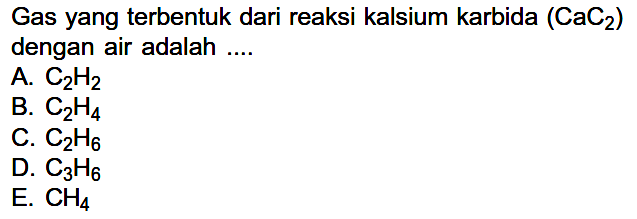 Gas yang terbentuk dari reaksi kalsium karbida (CaC2) dengan air adalah ....