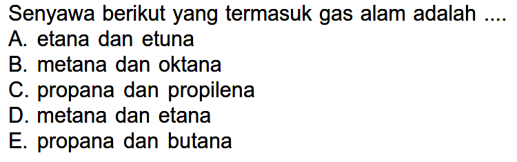 Senyawa berikut yang termasuk gas alam adalah ...