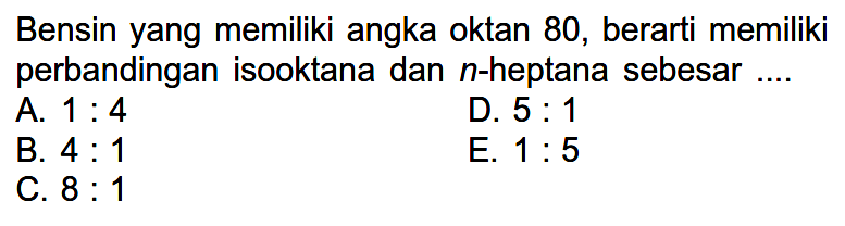 Bensin yang memiliki angka oktan 80, berarti memiliki perbandingan isooktana dan n-heptana sebesar ....