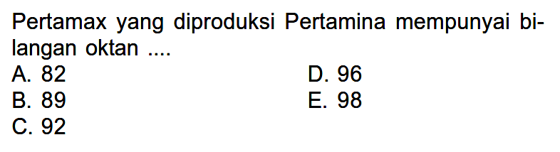 Pertamax yang diproduksi Pertamina mempunyai bi- langan oktan ....