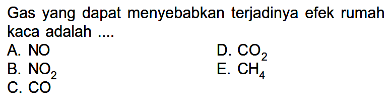 Gas yang dapat menyebabkan terjadinya efek rumah kaca adalah ....