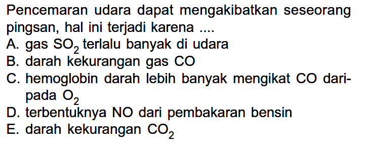 Pencemaran udara dapat mengakibatkan seseorang pingsan, hal ini terjadi karena ....