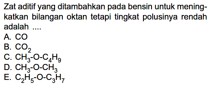 Zat aditif yang ditambahkan pada bensin untuk mening- katkan bilangan oktan tetapi tingkat polusinya rendah adalah ....