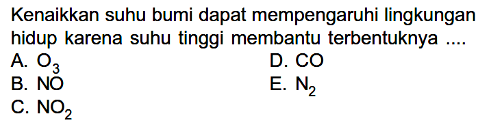 Kenaikkan suhu bumi dapat mempengaruhi lingkungan hidup karena suhu tinggi membantu terbentuknya ....
