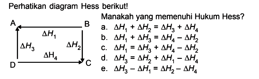 Perhatikan diagram Hess berikut! Manakah yang memenuhi Hukum Hess? A B C D deltaH1 deltaH2 deltaH3 deltaH4