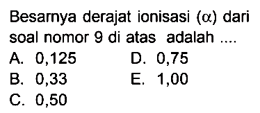 Besarnya derajat ionisasi (alpha) dari soal nomor 9 di atas adalah ....