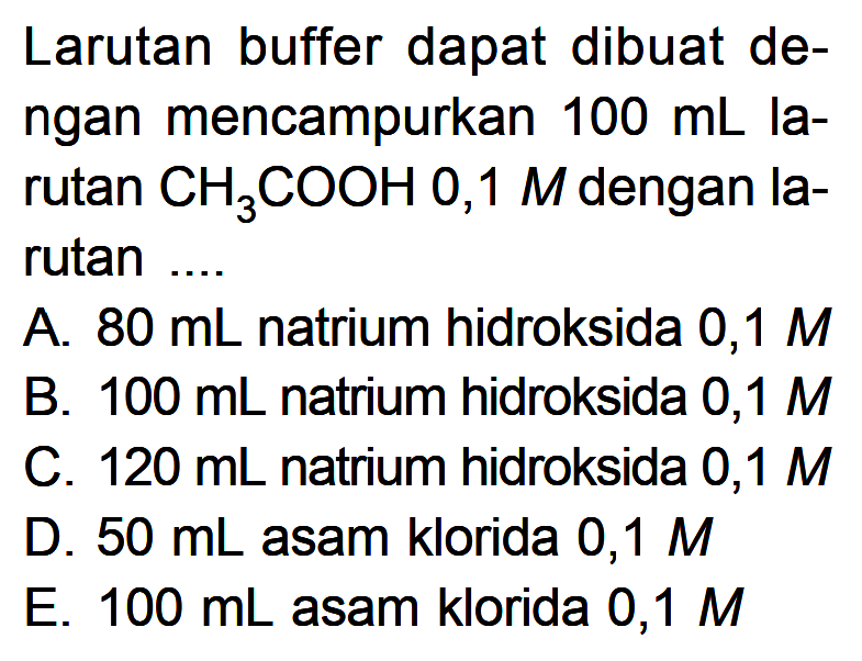 Larutan buffer dapat dibuat dengan mencampurkan 100 mL larutan CH3COOH 0,1 M dengan larutan ....