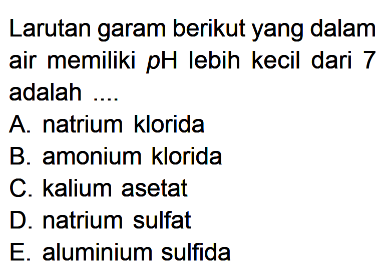 Larutan garam berikut yang dalam air memiliki  pH  lebih kecil dari 7 adalah