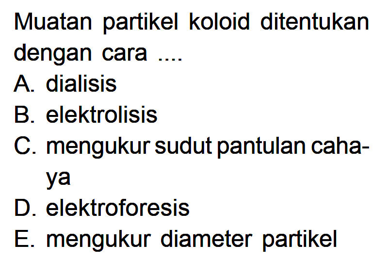 Muatan partikel koloid ditentukan dengan cara....