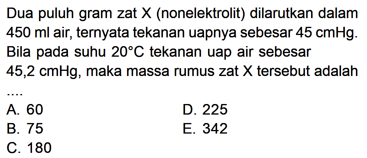 Dua puluh gram zat X (nonelektrolit) dilarutkan dalam 450 ml air; ternyata tekanan uapnya sebesar 45 cmHg: Bila pada suhu 20*C tekanan uap air sebesar 45,2 cmHg, maka massa rumus zat X tersebut adalah ...