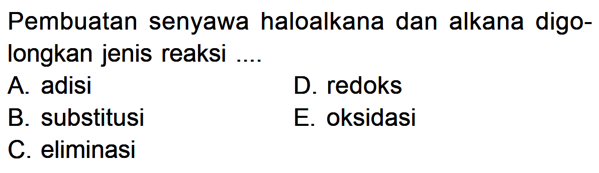 Pembuatan senyawa haloalkana dan alkana digolongkan jenis reaksi ....
