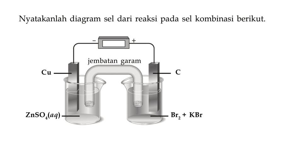 Nyatakanlah diagram sel dari reaksi pada sel kombinasi berikut. ZnSO4 (aq) Cu - + jembatan garam C Br2 + KBr 