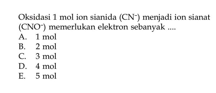 Oksidasi 1 mol ion sianida (CN^-) menjadi ion sianat (CNO^-) memerlukan elektron sebanyak