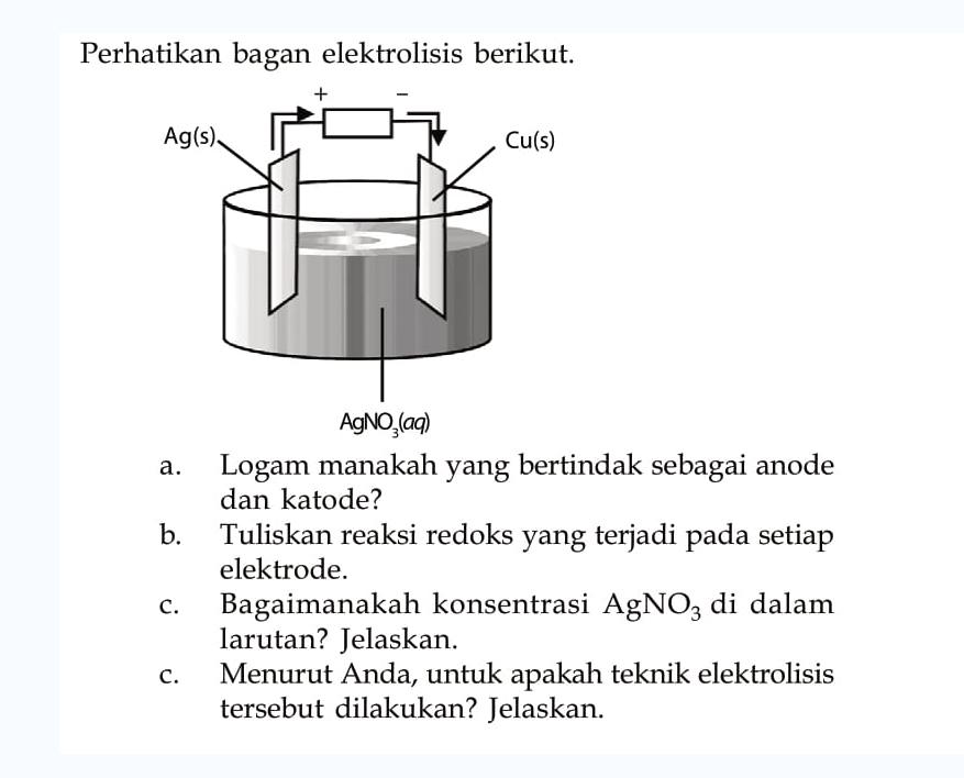 Perhatikan bagan elektrolisis berikut.
a. Logam manakah yang bertindak sebagai anode dan katode?
b. Tuliskan reaksi redoks yang terjadi pada setiap elektrode.
c. Bagaimanakah konsentrasi  AgNO_(3)  di dalam larutan? Jelaskan.
c. Menurut Anda, untuk apakah teknik elektrolisis tersebut dilakukan? Jelaskan.