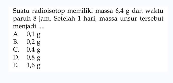 Suatu radioisotop memiliki massa 6,4 g dan waktu paruh 8 jam. Setelah 1 hari, massa unsur tersebut menjadi....