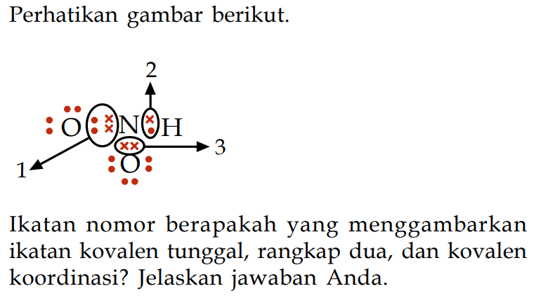 Perhatikan gambar berikut.
2 O N H O 3
Ikatan nomor berapakah yang menggambarkan ikatan kovalen tunggal, rangkap dua, dan kovalen koordinasi? Jelaskan jawaban Anda.